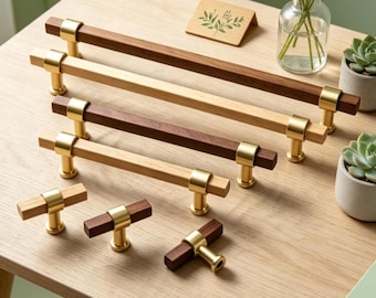 Tiradores minimalistas de madera y latón para cajones, pomos de nogal natural para armarios de cocina, tiradores de estilo moderno de mediados de siglo para cómodas, herrajes de un solo orificio y de barra en T.