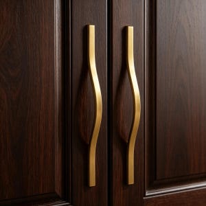 Könnte beinhalten: Nahaufnahme von zwei goldfarbenen Schrankgriffen mit geschwungenem, wellenartigem Design. Die Griffe sind an einer dunkelbraunen Holzschranktür befestigt. Die Griffe haben eine rechteckige Basis und eine glatte, polierte Oberfläche.