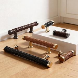 Braided Leather Cabinet Pulls, Modern Luxury Drawer Handles, Brass/Black Metal End, Kitchen Wardrobe Dresser Hardware,Home Decor