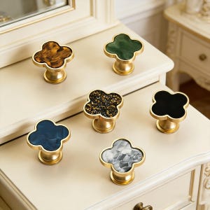 Four Leaf Clover Cabinet Knobs, Gold Brass Drawer Pulls with Natural Stone, Malachite/Shell/Tiger Eye Furniture Handles
