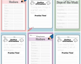 Puede incluir: Una colección de hojas de práctica de escritura coloridas para niños. Cada hoja presenta un tema diferente, incluyendo números, días de la semana y afirmaciones positivas. Las hojas están diseñadas para ayudar a los niños a practicar sus habilidades de escritura. El texto "Practice Time!" es visible.