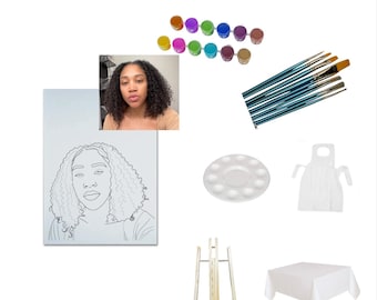 May include: An art kit with various supplies. The kit includes paint pots in multiple colors, paint brushes, a paint palette, a canvas with a line drawing of a person, a wooden easel, a white apron, and a white tablecloth. The text "Included in Kit" is at the top.