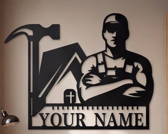 Handyman Metal Wall Art, Personalized Workshop Name Sign, Custom Carpenter Decor, Hammer Cross Craftsmanship Gift For Him