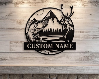 Letrero personalizado para casa de lago, arte metálico personalizado para pesca de lubina, placa rústica para cabaña de venados, letrero exterior con nombre familiar, regalo para el Día del Padre