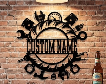 Letrero metálico de herramientas de mecánico, decoración de taller mecánico, placa personalizada para taller, arte de pared industrial para garaje, regalo personalizado para mecánico.