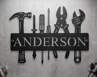 Personalized Workshop Hand Tools Metal Wall Art, Custom Name Board Plaque, Industrial Carpenter Sign, Fathers Day Gift For Dad.