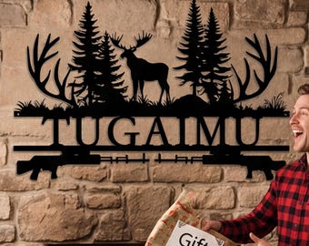 Letrero metálico de alce del bosque, decoración rústica para cabaña, regalo de caza personalizado para él, arte personalizado de silueta de rifle con astas de ciervo