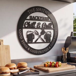 May include: A circular black metal wall sign featuring the text THE SMITH'S BACKYARD CHILL & GRILL and GOOD FOOD & GOOD FRIENDS & GOOD TIMES. The design includes cutouts of two beer mugs and a crossed fork and spatula centred within the frame.