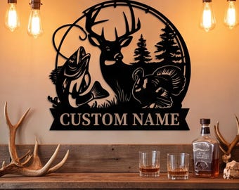 Custom Deer Hunting Fishing Metal Sign , cabin decor,hunter wall art,deer turkey bass fishing gift for dad