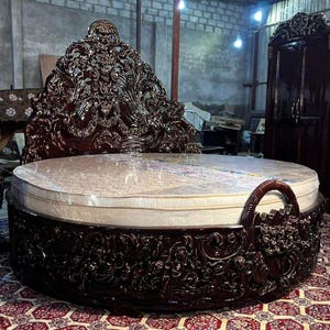 Luxury Handcrafted Round Bed Solid Wood with Intricate Carvings, Antique Royal Design