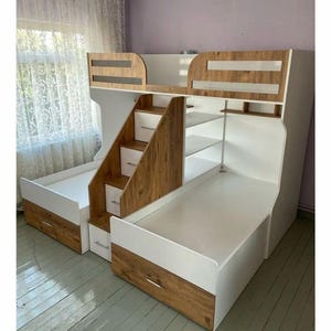 Kids&#39; Modern Wooden Bunk Bed with Storage | Compact & Space-Saving Design | White and Wood Grain Finish