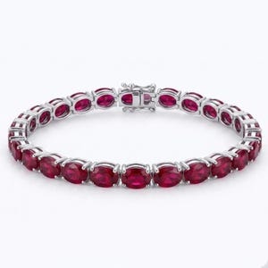 Ruby Gemstone Tennis Bracelet, Oval Cut Ruby Bracelet, Dainty Silver Bracelet for Women, Handmade Jewelry
