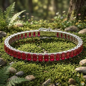 Ruby Tennis Bracelet Emerald Cut in 925 Sterling Silver, Red Gemstone Bracelet, Elegant Jewelry Gift for Her Wife Girlfriend