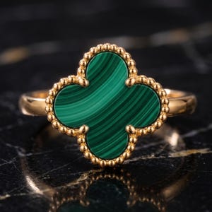 Malachite Clover Ring Gold, Green Gemstone Statement Ring, Vintage Inspired Four Leaf Clover Ring, Boho Chic Jewelry Gift for Her
