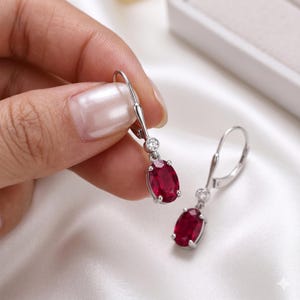 Ruby Drop Earrings, Oval Ruby Earrings, 14K Gold Leverback Earrings, July Birthstone Jewelry