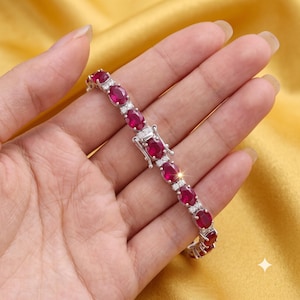 Natural Ruby Tennis Bracelet, Oval Cut Ruby Bracelet, Sterling Silver Wedding Jewelry, Gift for Wife