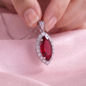 Ruby Halo Pendant Necklace, Marquise Cut Red Gemstone Necklace, Sterling Silver Jewelry, Romantic Gift for Girlfriend