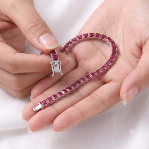Natural Ruby Tennis Bracelet, Square Cut Ruby Bracelet, July Birthstone Jewelry, Handmade Fine Bracelet