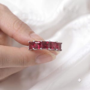 Princess Cut Ruby Anniversary Ring | Sterling Silver Five Stone Band | July Birthstone Gift for Her