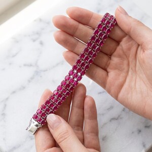 Triple Line Ruby Tennis Bracelet, Oval Red Gemstone Bracelet, Statement Jewelry for Women, July Birthstone Bridal Gift