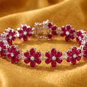 Ruby Flower Bracelet Pear Cut, Floral Ruby Tennis Bracelet, Red Gem Jewelry, Bridal Bracelet, Gift for Her
