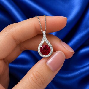 14K White Gold Red Ruby Necklace, Ruby Halo Pendant, Round Cut Gemstone Necklace, Elegant Bridal Jewelry, Romantic Gift