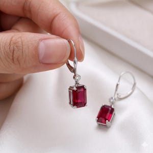 Ruby Drop Earrings 14K White Gold, Emerald Cut Ruby Earrings, Moissanite Accent Earrings, July Birthstone Gift for Her