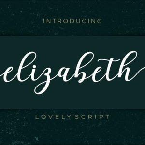 May include: A dark teal background features the name "Elizabeth" in white cursive script. The words "INTRODUCING" and "LOVELY SCRIPT" are also present. Gold floral accents frame the text, creating a sophisticated design.