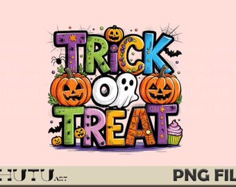 Trick or Treat PNG - Colorful Halloween Preppy Halloween Ghost Pumpkin PNG, Kids Halloween PNG, Spooky Season Png, Halloween Tote Mug Tshirt