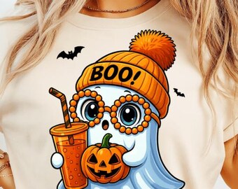 Retro Cute Ghost Png, Halloween Png, Ghost Pumpkin Png, Spooky Vibes Png, Ghost Coffee Png, Boujee Ghost Png Sublimation Design Download