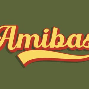 May include: The word "Amibas" in a retro style font, with a yellow fill and a red outline, is displayed on a green background. A yellow banner-like shape is below the word, adding to the vintage aesthetic.
