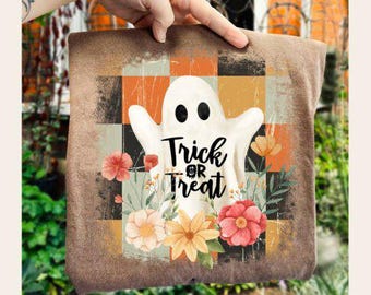 Checkered Ghost Png, Trick or Treat Png,Preppy Halloween Ghost Pumpkin PNG, Kids Halloween PNG, Spooky Season Png, Halloween Tote Mug Tshirt