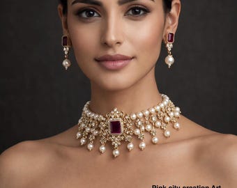 Set di collana girocollo Kundan di perle, gioielli da sposa indiani di Bollywood, collana da sposa da donna con orecchini