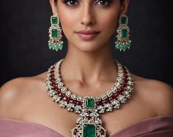Uncut Polki Kundan Choker Necklace Set Emerald, Pink, Moissanite Jadau Jewelry Indian women bridal
