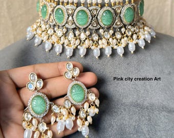 Kundan Polki choker Indiase bruidssieraden, Bollywood-ketting trouwketting dames met oorbellen