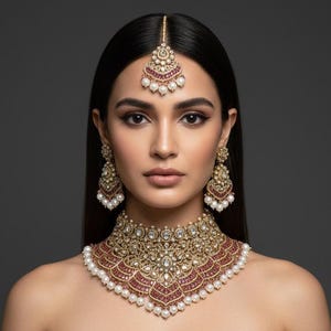 May include: A woman wearing a gold-toned necklace, earrings, and headpiece set with red and white accents. The jewelry is paired with a burgundy off-the-shoulder dress. The jewelry set features intricate detailing and pearl accents.