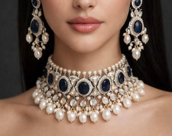 Set di gioielli da sposa indiani, collana girocollo Kundan, collana da sposa da donna con orecchini, gioielli pakistani