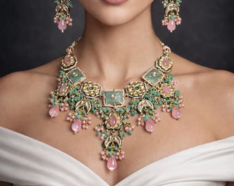 Set di collane da sposa indiane placcate in oro con girocollo Kundan, set di collane da sposa da donna