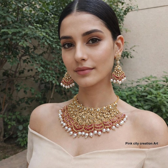 Pearl Kundan Polki Jewelry Set with Earring & Maang Tikka Indian traditional bridal jewellery