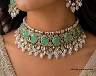 Kundan Polki Choker Indian Bridal Jewelry, Bollywood Necklace Women's  Wedding Necklace with Earrings