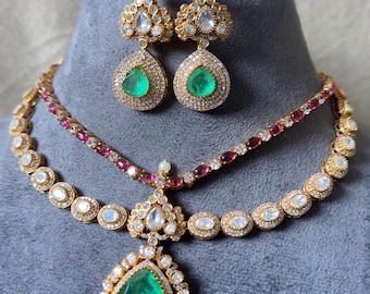 Kundan Polki Necklace Set Indian Wedding Jewellery, Emerald Pendant With earring  Women's bridal jewellery