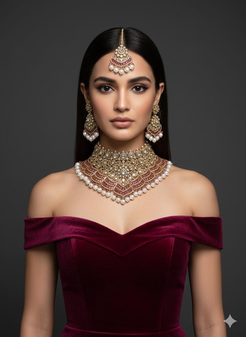 May include: A woman wearing a gold-toned necklace, earrings, and headpiece set with red and white accents. The jewelry is paired with a burgundy off-the-shoulder dress. The jewelry set features intricate detailing and pearl accents.