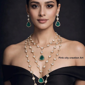 Polki Kundan Necklace Set Emerald Green Indian Bridal Jewelry Women's Wedding  Long Wedding Jewellery