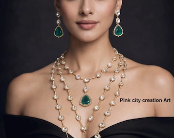 Polki Kundan Necklace Set Emerald Green Indian Bridal Jewelry Women's Wedding  Long Wedding Jewellery