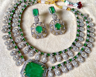 Smaragdgroene Kundan Polki Ketting Set Indiase Bruidssieraden Vrouwen Traditionele Ketting Met Oorbel