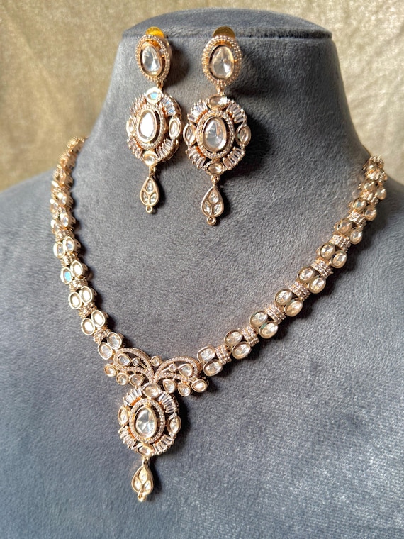 Kundan Polki Jewelry Set: Gold Plated Indian Necklace Earrings