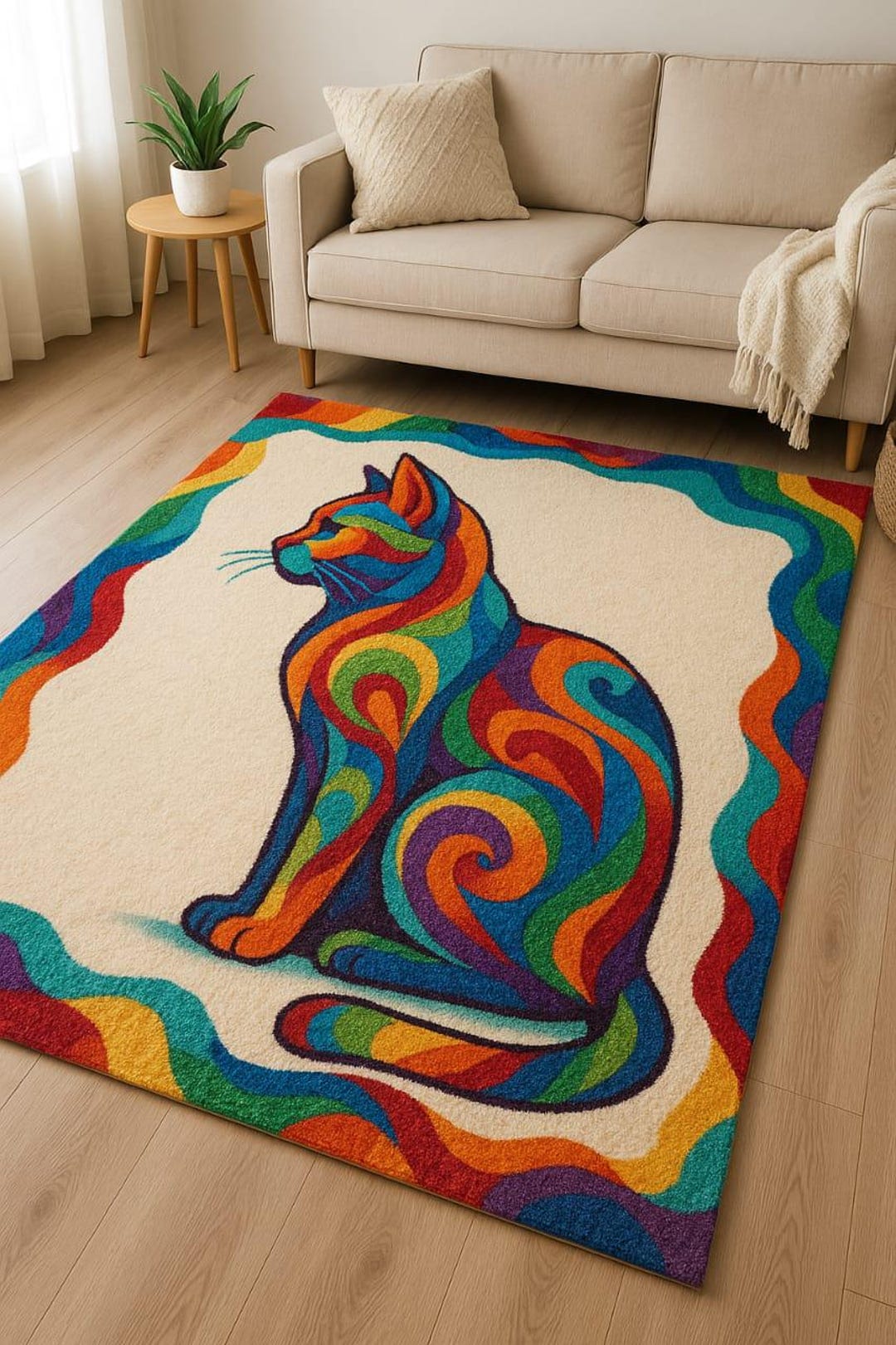 Siting Area Rug Handmade Cat Siting Colourful Design Wool Area Rug: Bedroom/living Room ...