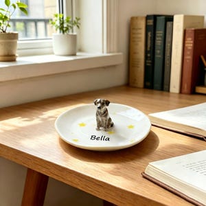 Puede incluir: Un plato de cerámica blanca con una pequeña figura tridimensional de un perro manchado de marrón y blanco sentado en el centro. El plato está decorado con pequeñas estrellas amarillas y el nombre Bella impreso en letras cursivas negras.