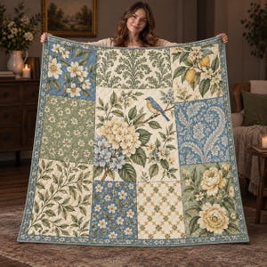 Puede incluir: Una manta acolchada rectangular con un diseño de patchwork que presenta varios motivos botánicos y aviares. El patrón incluye flores azules y blancas, hojas verdes, limones, un pájaro azul sobre una rama y estampados tipo damasco.