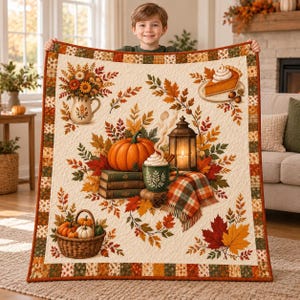 Coperta trapuntata autunnale con zucche, accogliente coperta autunnale con foglie e spezie di zucca, trapunta rustica per il raccolto del Ringraziamento, regalo di stagione accogliente